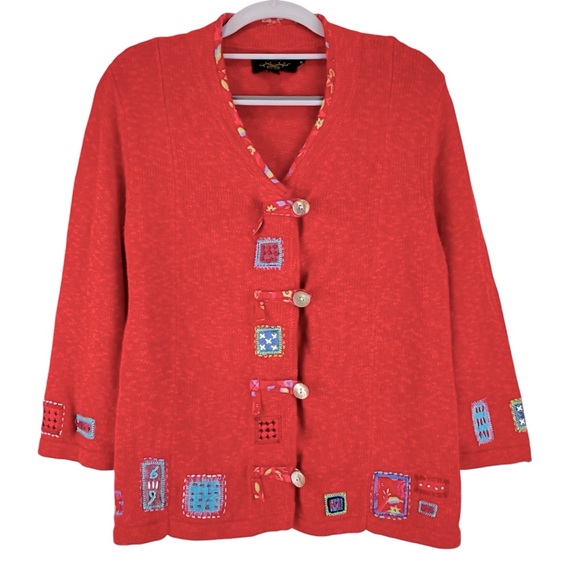Icelandic Design Sweaters - Icelandic Design Cardigan Sweater Linen Cotton Button Front Orange Patchwork M